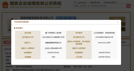 福建福晟集團所持錢隆榕晟投資3044.61萬元股權遭凍結